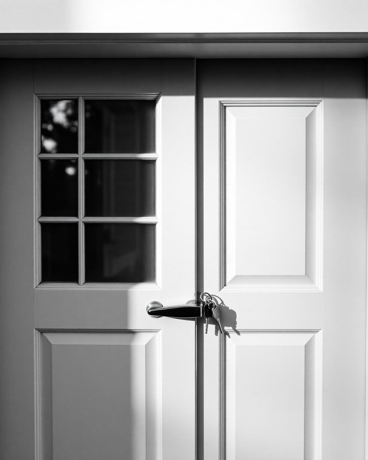 Black and white photograph of a classic home's front door with keys